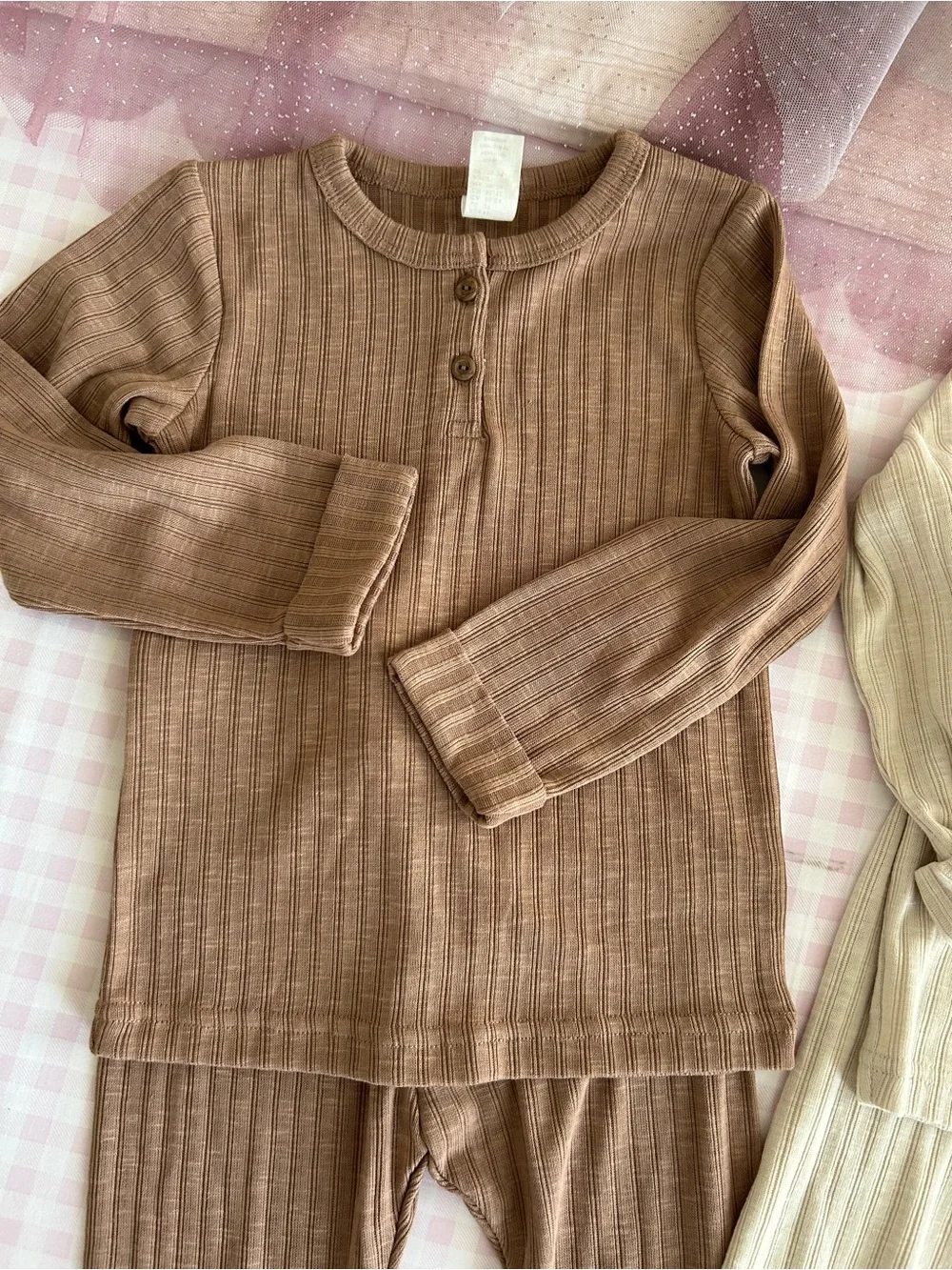 Kids Ribbed Thermal Pajama Set - Brown and Cream